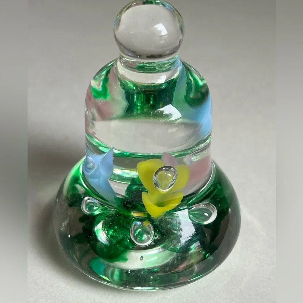 Joe Rice Vintage ‘90s Bell Shaped Glass Paperweight. Clear Colorful Flowers